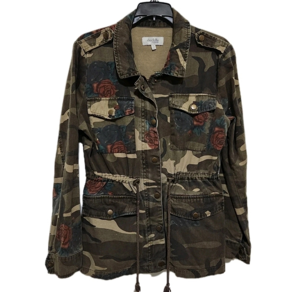 Charlotte Russe Womens S Camo Rose Print Utility Jacket Grunge Streetwear Boho